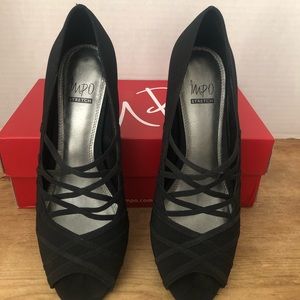 IMPO Stretch Strap Black Peep Toe Dress Pump 10M